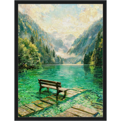 Framed Alpine Lake Bench Canvas | Serene Mountain Wall Decor