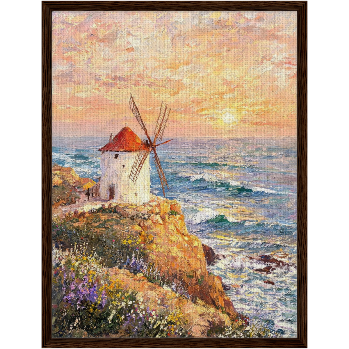 Framed Coastal Windmill Sunset Canvas | Seaside Wall Art Decor