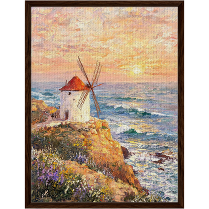 Framed Coastal Windmill Sunset Canvas | Seaside Wall Art Decor