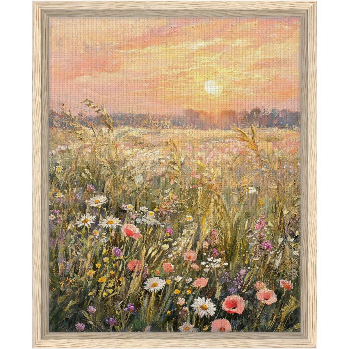 Impressionist Sunset Wildflower Meadow Framed Canvas Wall Art