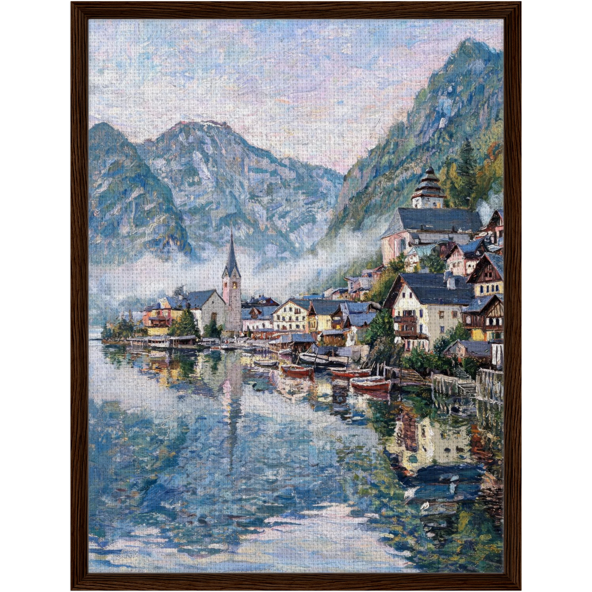 Framed Alpine Lake Village Canvas | Scenic Mountain Decor