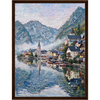 Framed Alpine Lake Village Canvas | Scenic Mountain Decor