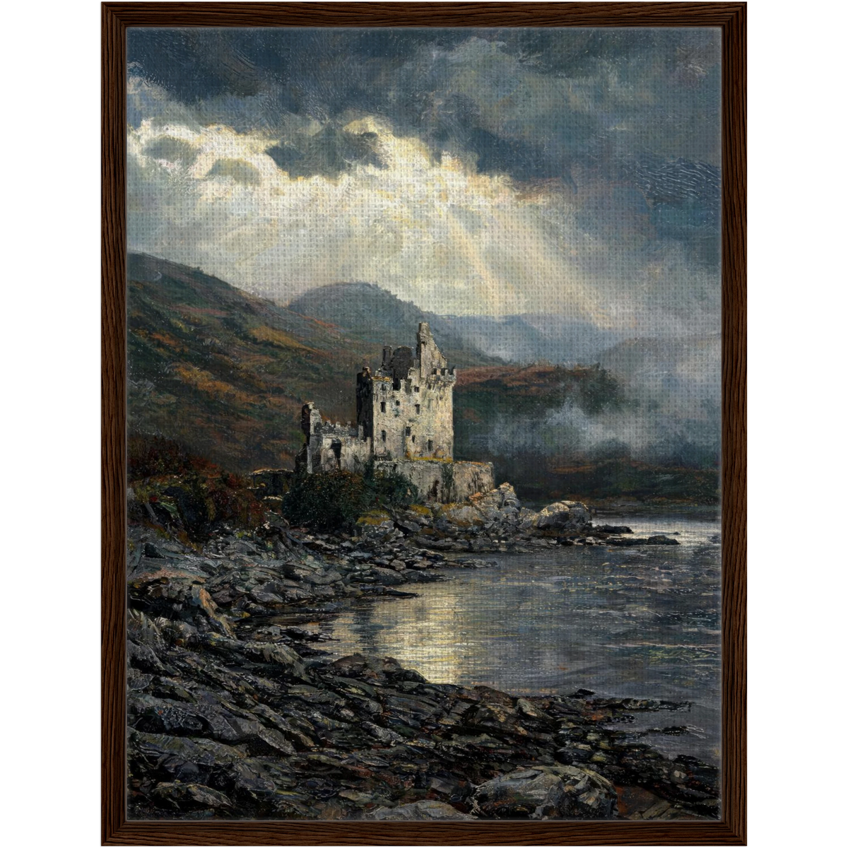 Framed Highland Castle Canvas | Moody Coastal Wall Art Decor