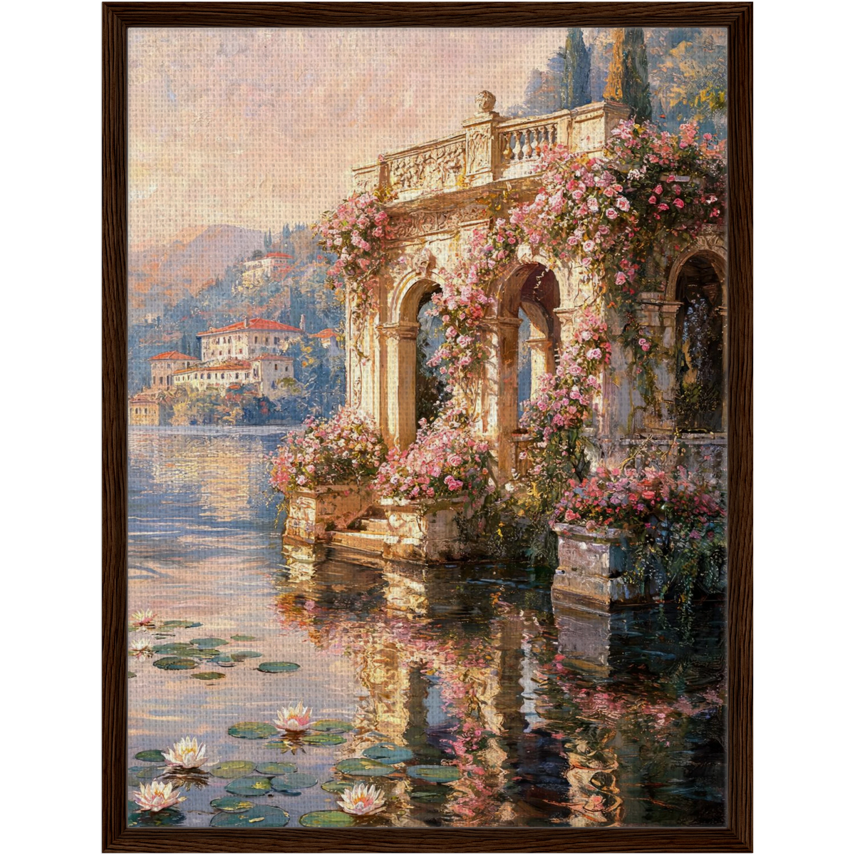 Framed Lakeside Terrace Canvas | Romantic Villa Wall Art Decor