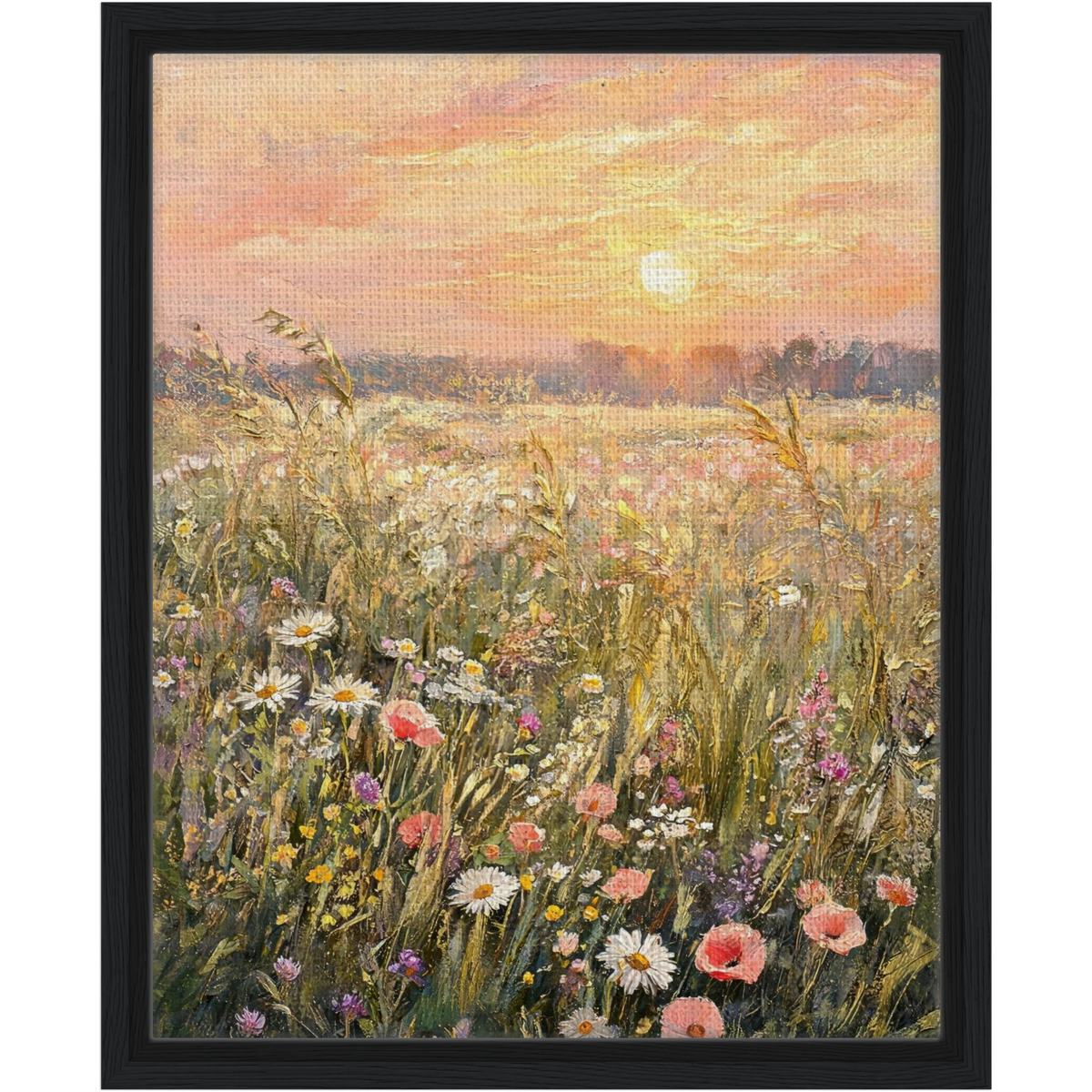 Impressionist Sunset Wildflower Meadow Framed Canvas Wall Art