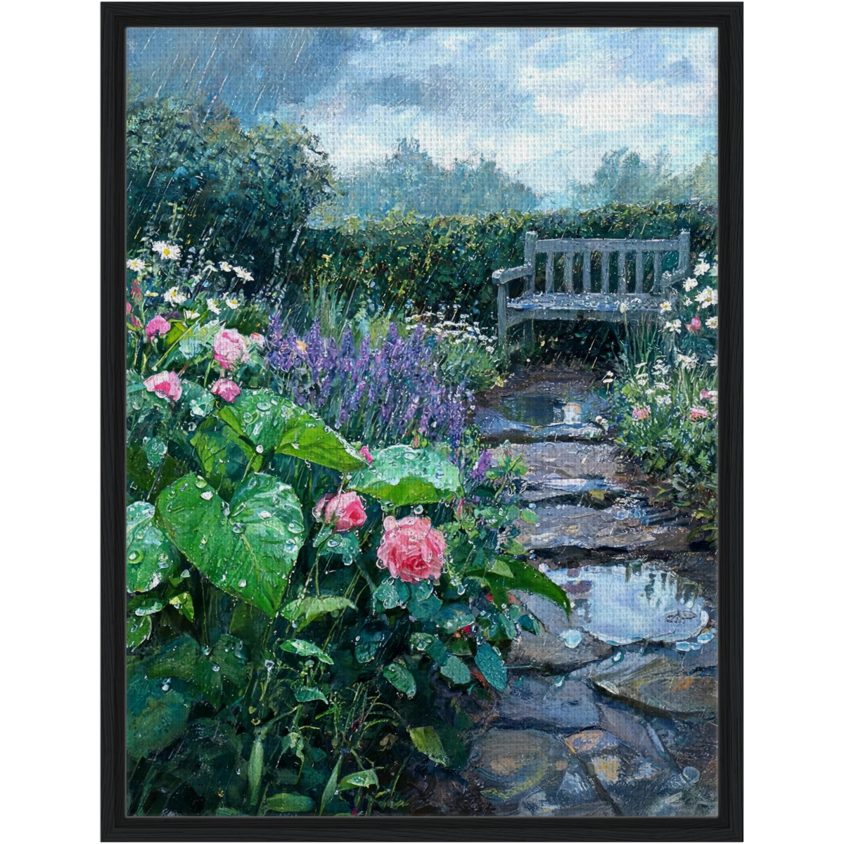 Rainy Garden Bench and Stone Path Framed Canvas | Vintstep