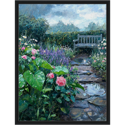 Rainy Garden Bench and Stone Path Framed Canvas | Vintstep