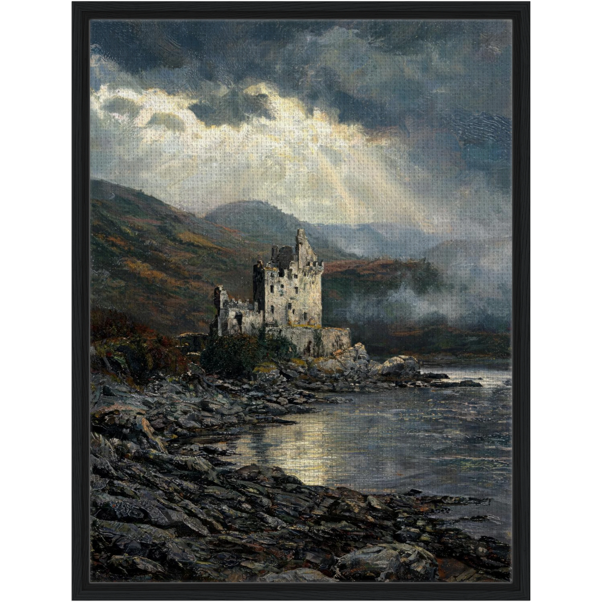 Framed Highland Castle Canvas | Moody Coastal Wall Art Decor