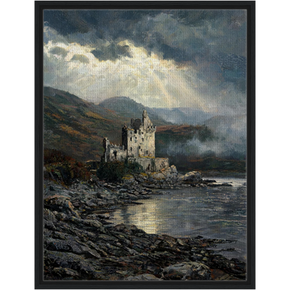 Framed Highland Castle Canvas | Moody Coastal Wall Art Decor