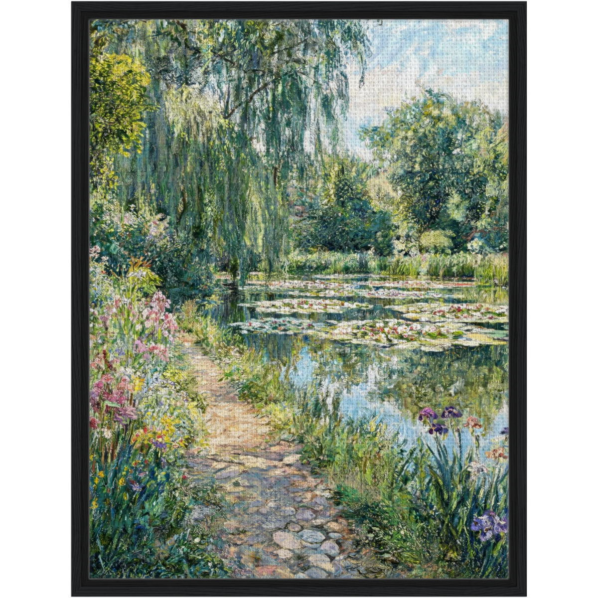 Cobblestone Path by Water Lily Pond Framed Canvas | Vintstep