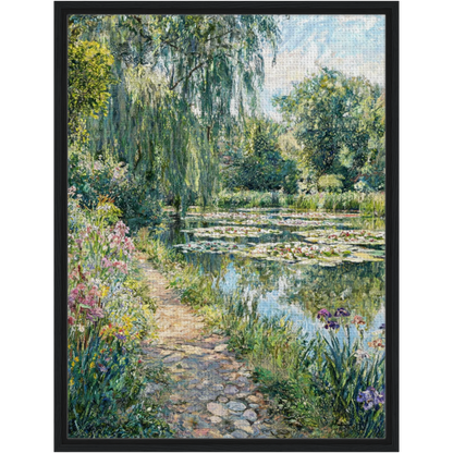 Cobblestone Path by Water Lily Pond Framed Canvas | Vintstep