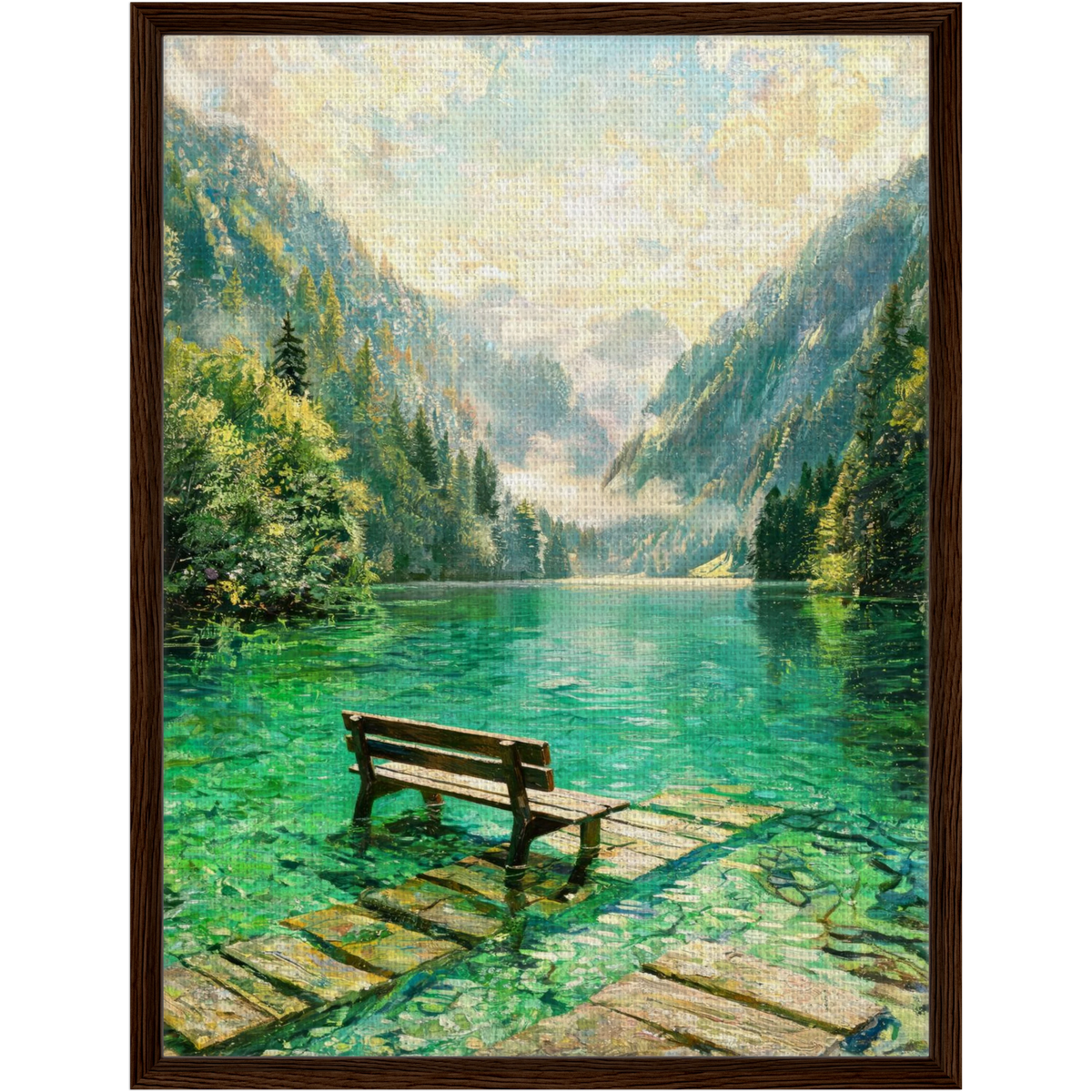 Framed Alpine Lake Bench Canvas | Serene Mountain Wall Decor