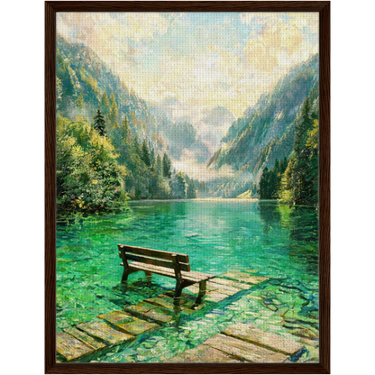 Framed Alpine Lake Bench Canvas | Serene Mountain Wall Decor