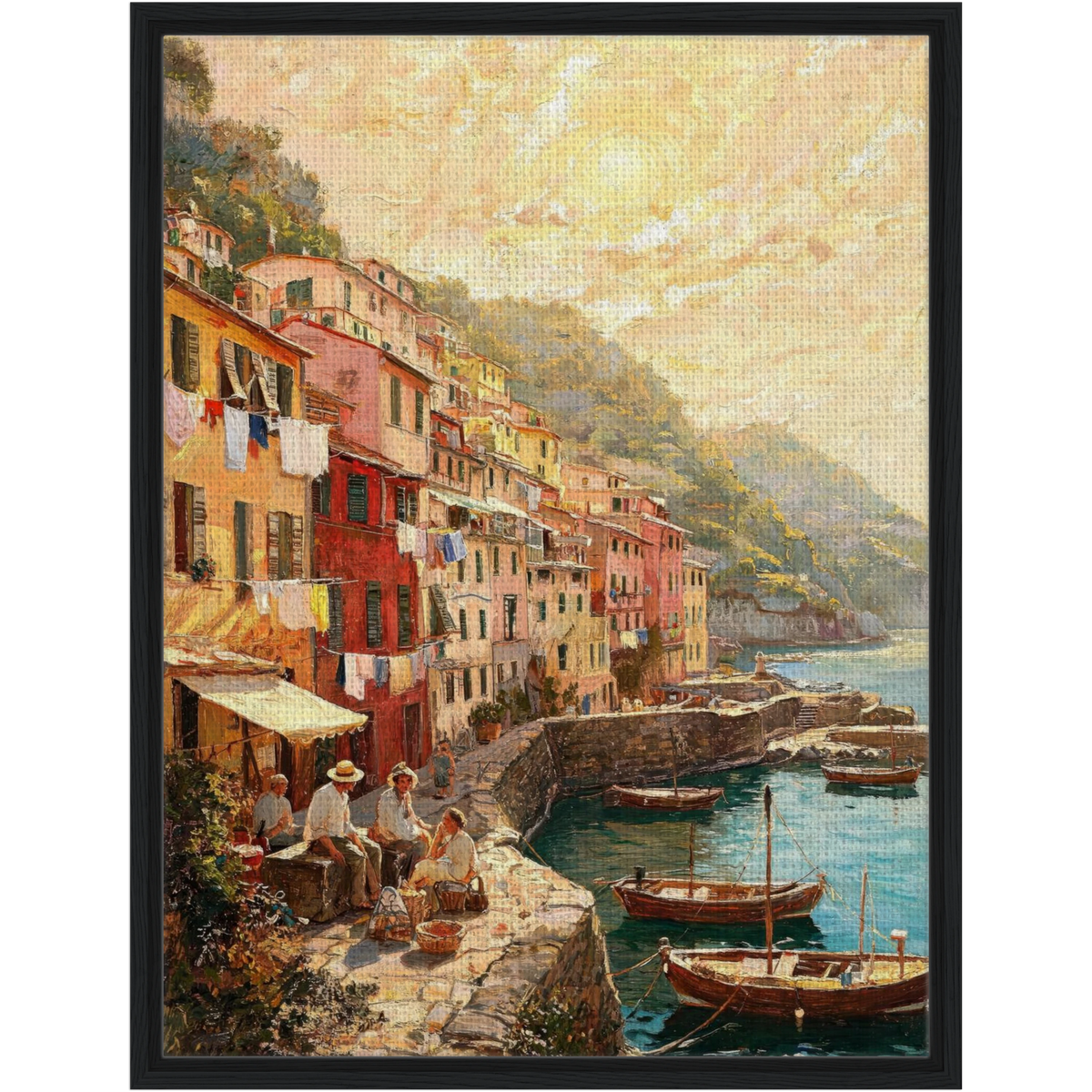 Framed Coastal Harbor Village Canvas | Seaside Wall Art Decor
