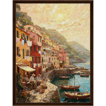 Framed Coastal Harbor Village Canvas | Seaside Wall Art Decor