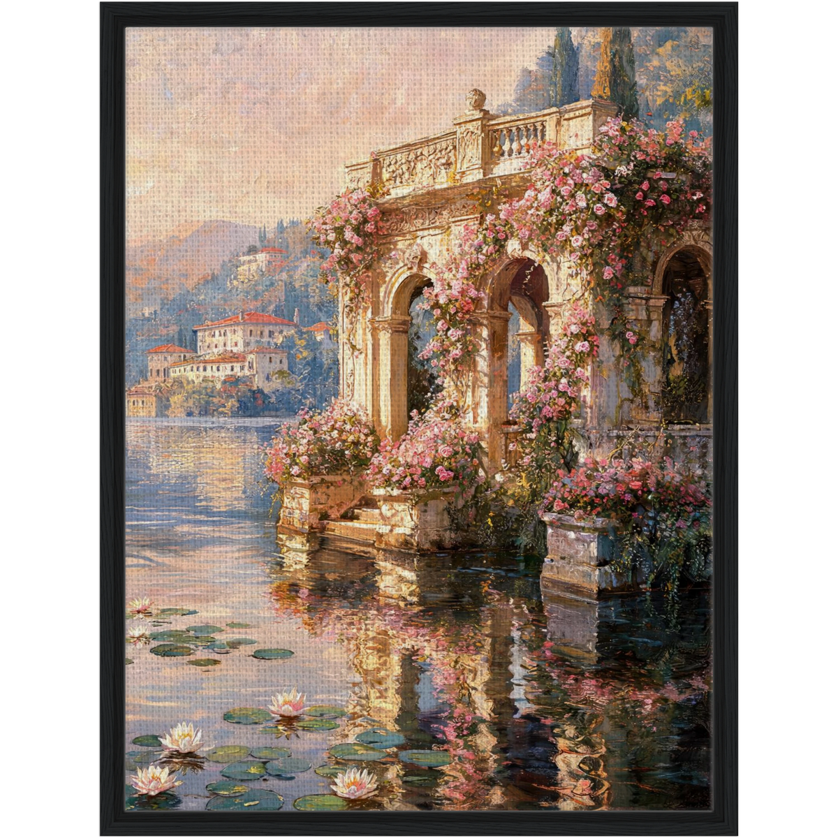 Framed Lakeside Terrace Canvas | Romantic Villa Wall Art Decor