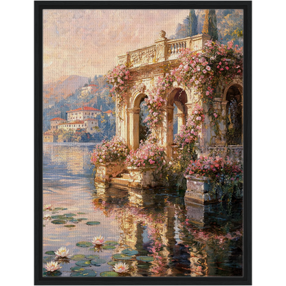Framed Lakeside Terrace Canvas | Romantic Villa Wall Art Decor
