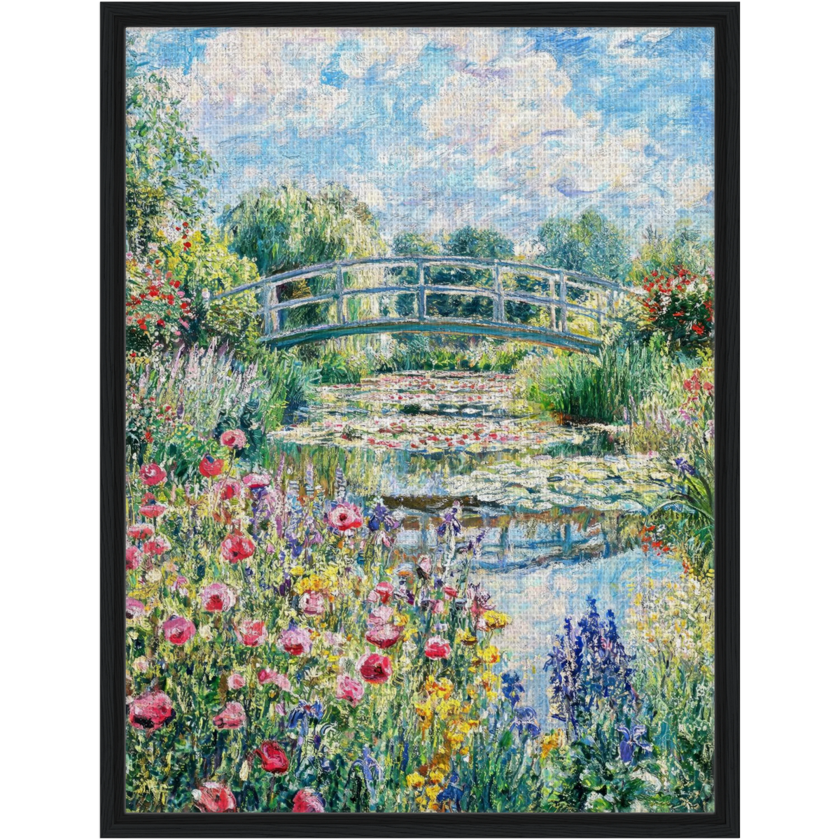Sunny Japanese Bridge and Flower Garden Framed Canvas | Vintstep