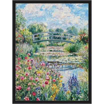 Sunny Japanese Bridge and Flower Garden Framed Canvas | Vintstep
