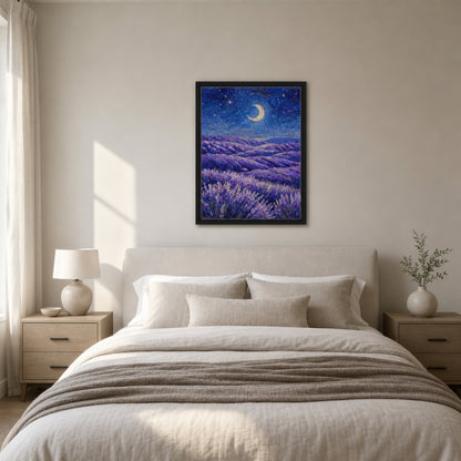 Moonlit Lavender Field at Night Impressionist Art Print