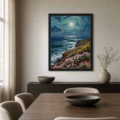 Moonlit Coastal Cliff Flowers Impressionist Art Print