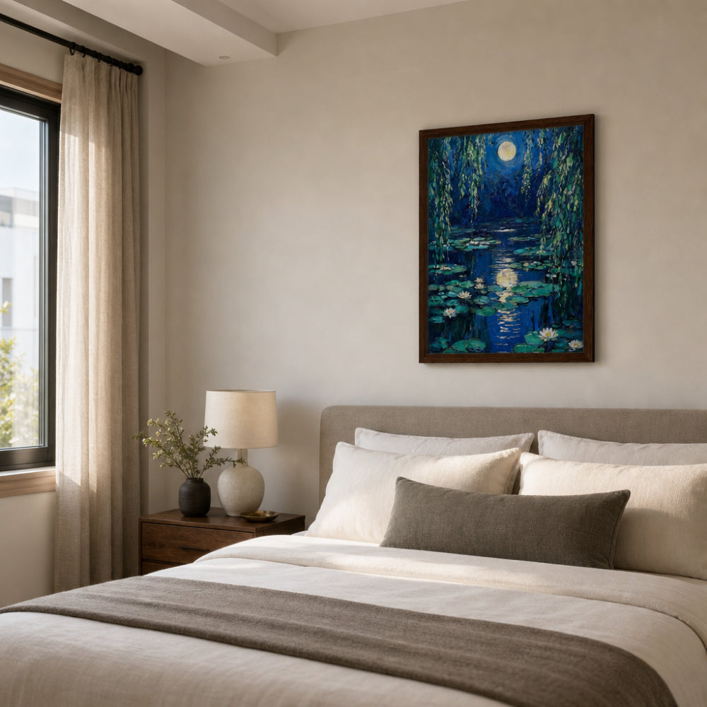 Moonlit Water Lilies Pond Impressionist Art Print