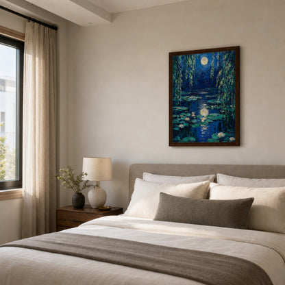 Moonlit Water Lilies Pond Impressionist Art Print