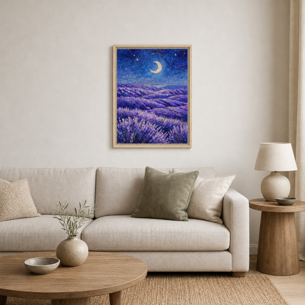 Moonlit Lavender Field at Night Impressionist Art Print