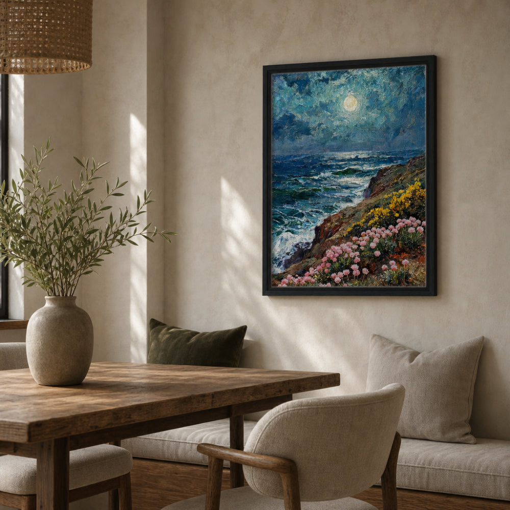 Moonlit Coastal Cliff Flowers Impressionist Art Print