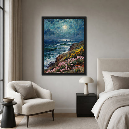Moonlit Coastal Cliff Flowers Impressionist Art Print