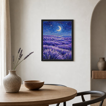 Moonlit Lavender Field at Night Impressionist Art Print
