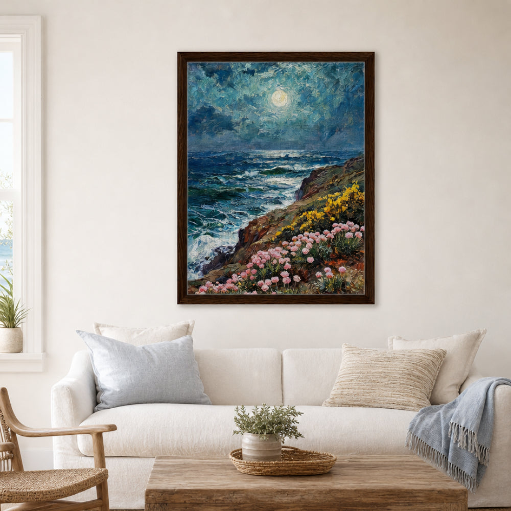 Moonlit Coastal Cliff Flowers Impressionist Art Print