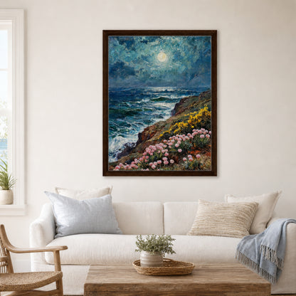 Moonlit Coastal Cliff Flowers Impressionist Art Print