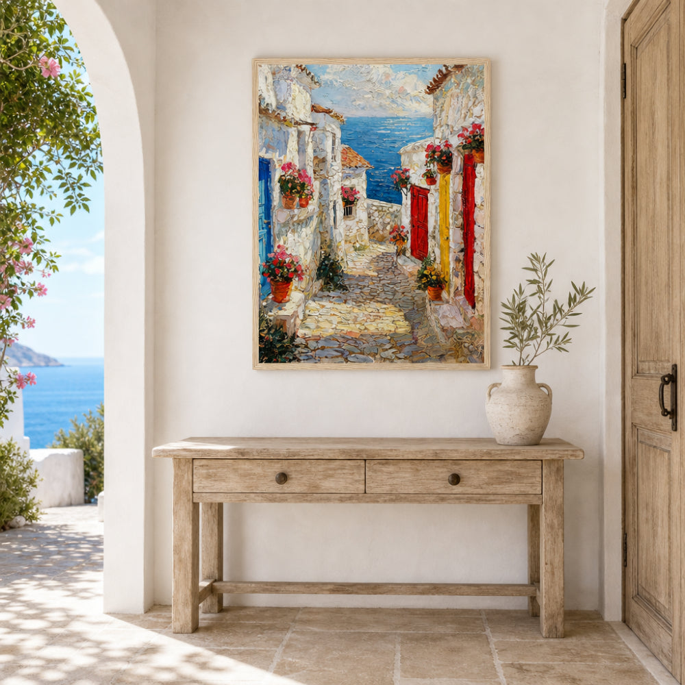 Mediterranean Coastal Village Alley Sea View Impressionist Art Print