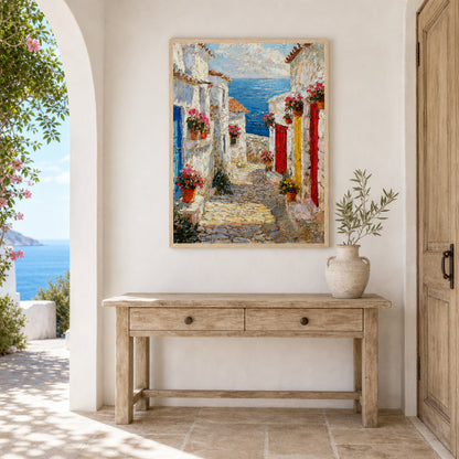 Mediterranean Coastal Village Alley Sea View Impressionist Art Print