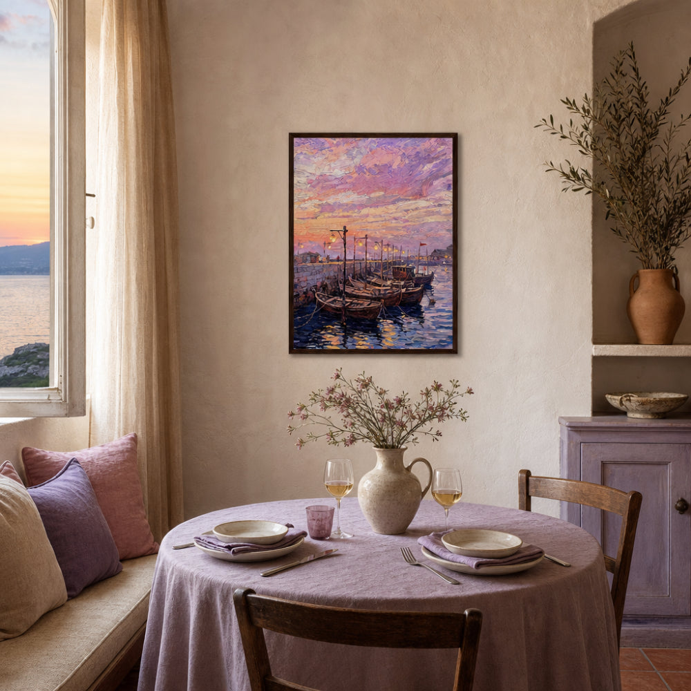 Coastal Harbor Twilight Wooden Boats Impressionist Art Print