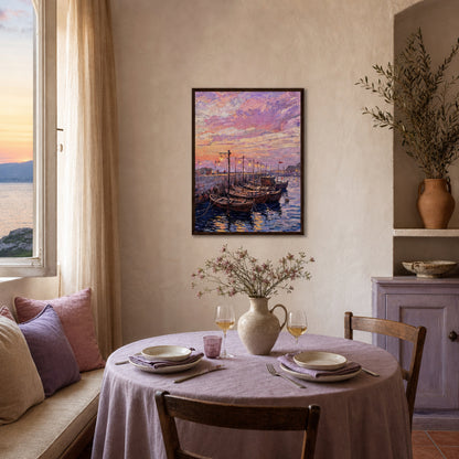 Coastal Harbor Twilight Wooden Boats Impressionist Art Print