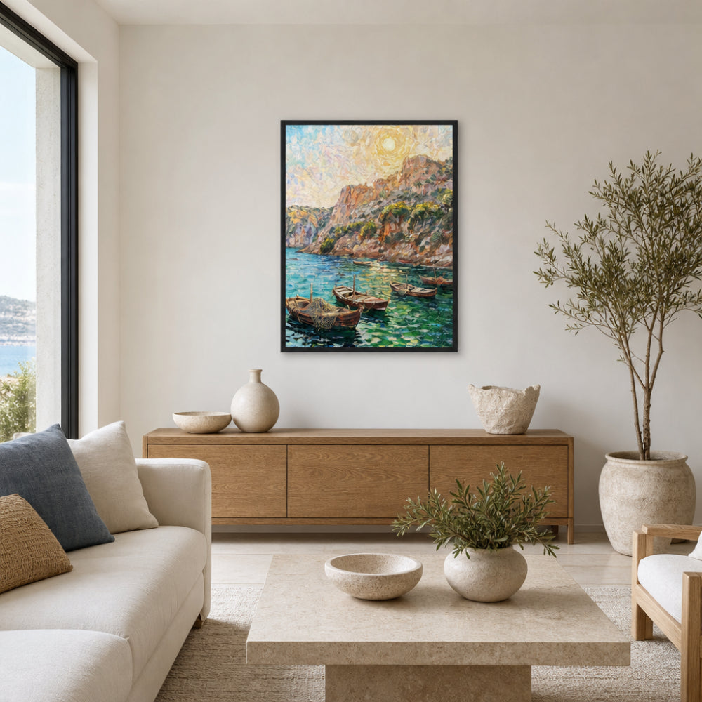 Mediterranean Coastal Cove Fishing Boats Impressionist Art Print