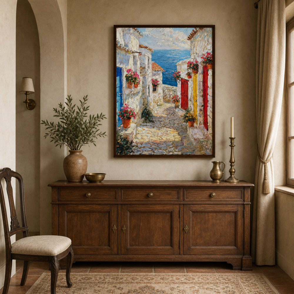 Mediterranean Coastal Village Alley Sea View Impressionist Art Print
