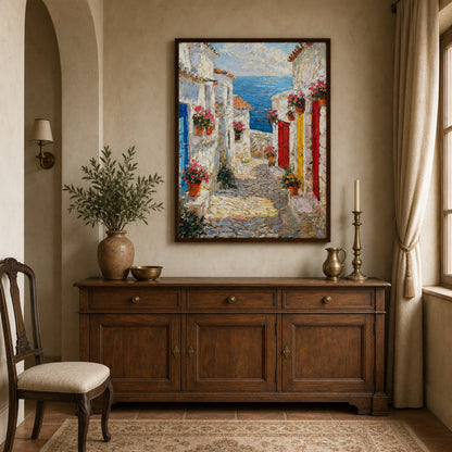 Mediterranean Coastal Village Alley Sea View Impressionist Art Print