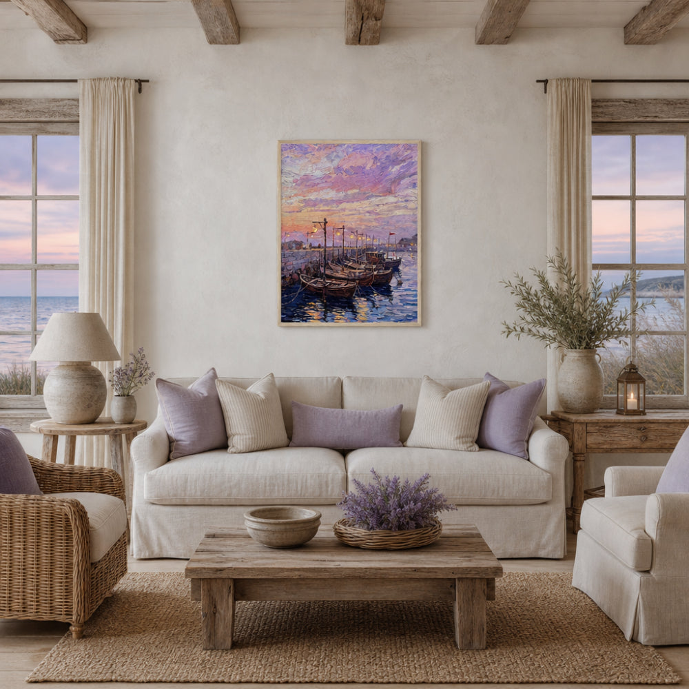 Coastal Harbor Twilight Wooden Boats Impressionist Art Print