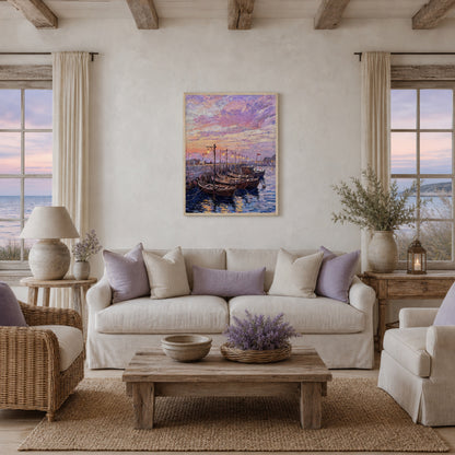 Coastal Harbor Twilight Wooden Boats Impressionist Art Print