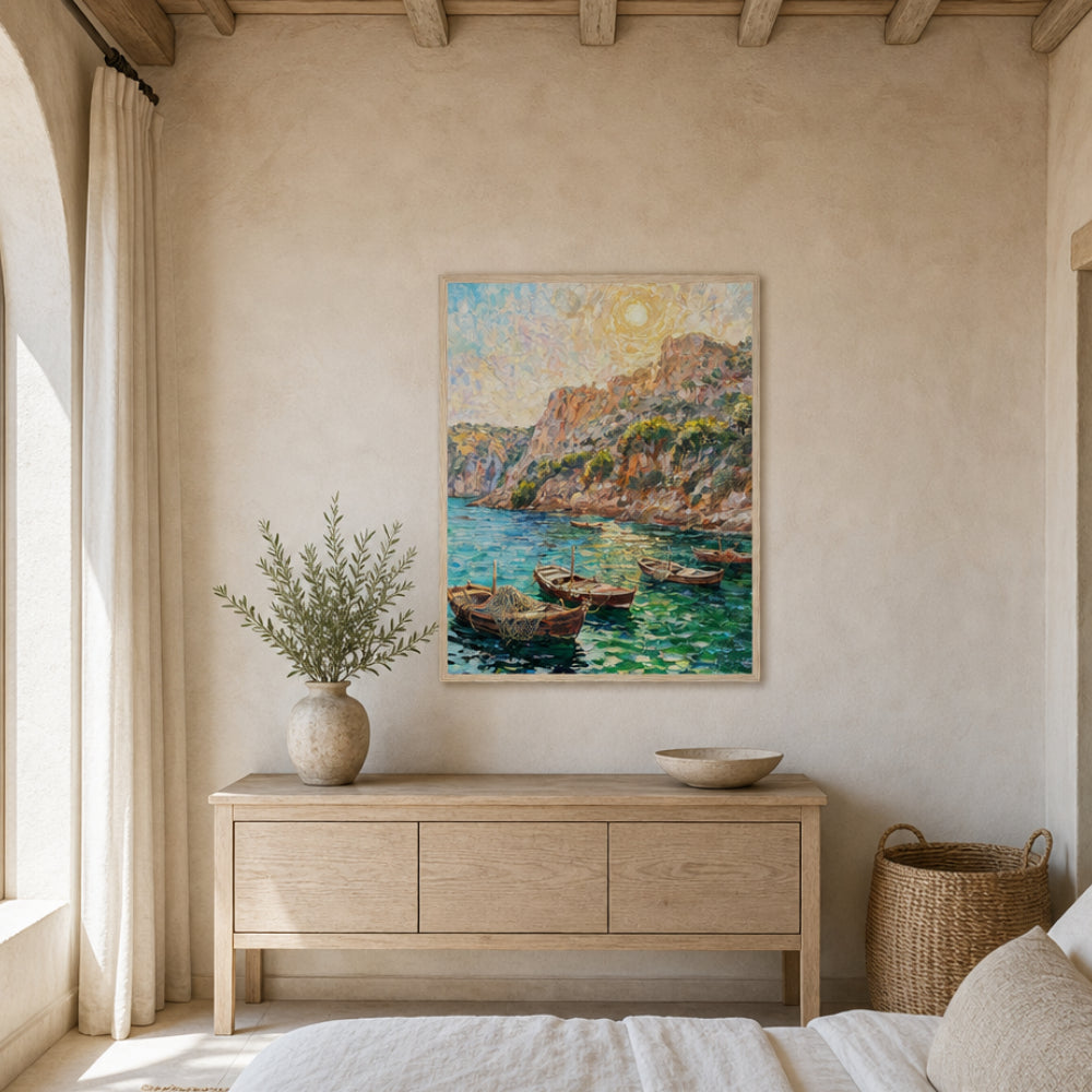Mediterranean Coastal Cove Fishing Boats Impressionist Art Print