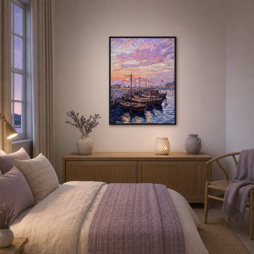 Coastal Harbor Twilight Wooden Boats Impressionist Art Print