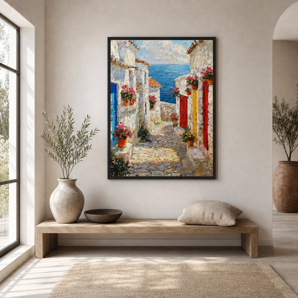 Mediterranean Coastal Village Alley Sea View Impressionist Art Print