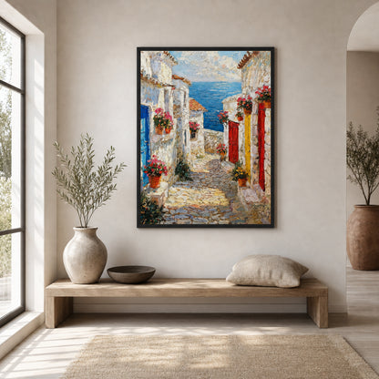 Mediterranean Coastal Village Alley Sea View Impressionist Art Print