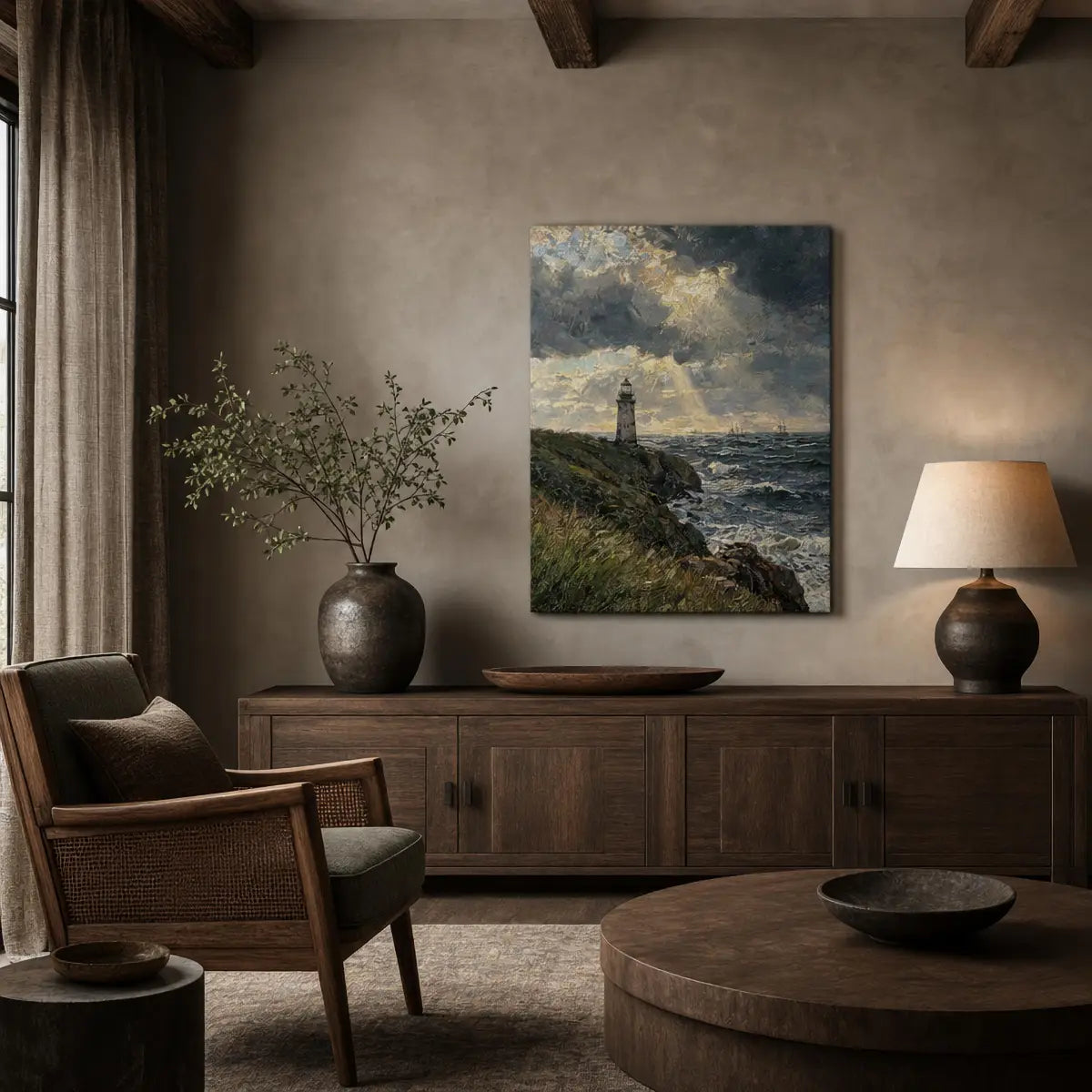 A vertical canvas print of a lighthouse on a stormy sea, styled in a cozy, rustic living room above a dark wood credenza.