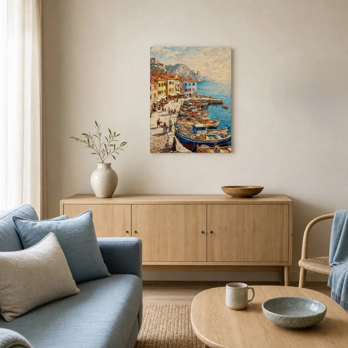 Vintage Mediterranean Harbor Canvas Print | Vibrant Coastal Wall Art