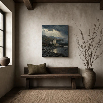 A vertical canvas print of a moody coastal castle painting hangs on a textured beige wall above a rustic wooden bench in a styled room setting.