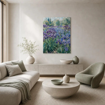 A framed canvas print of a lavender and iris field hangs on a beige wall in a modern, minimalist living room with a light gray sofa, a round coffee table, and a green accent chair.